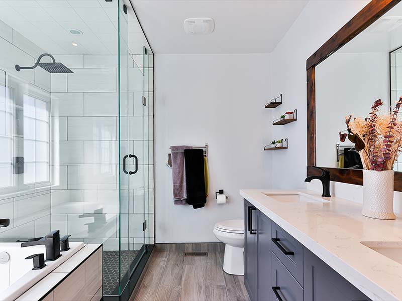 Modern bathroom remodeling project completed by construction company in Las Vegas